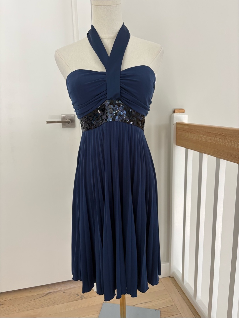 Max & Cleo Navy One-Shoulder Halter Dress with Sequin Waist